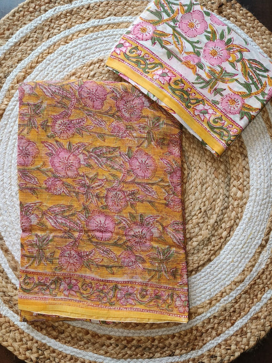 HAND BLOCK BAGRU PRINTED KOTA DORIYA SAREE WITH MULMUL BLOUSE (KDS62)