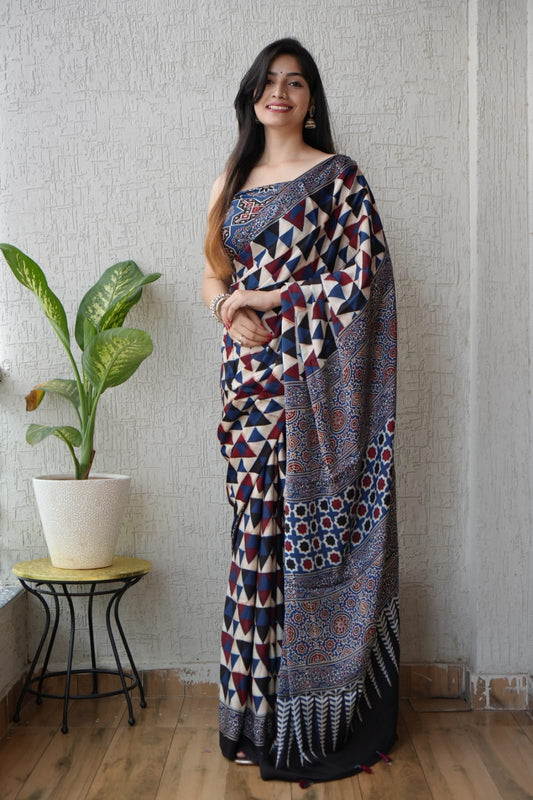 HAND BLOCK PRINTED AJRAKH MODAL SILK SAREE (CIG42)