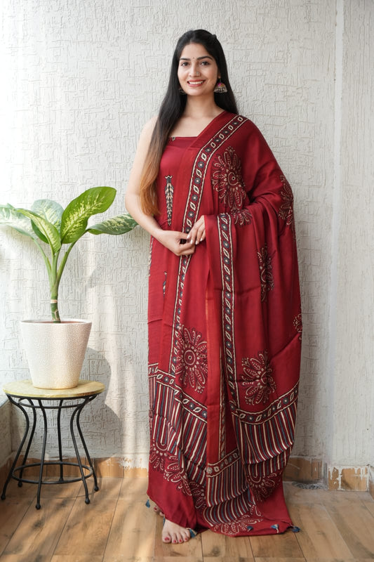 Vanaspati Ajrakh Hand Block Printed Suits Modal Silk Fabric (CIT37)