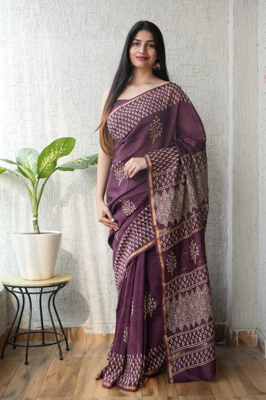 Bagru Hand Block Printed Chanderi Silk Saree with Blouse (CSS82)