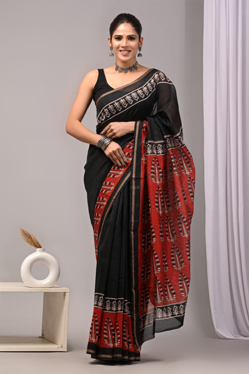 Bagru Hand Block Printed Chanderi Silk Saree with Blouse (CSS85)