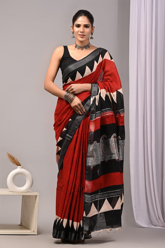 HAND BLOCK BLACK & WHITE PRINTED COTTON LINEN SAREE WITH BLOUSE (LCS123)