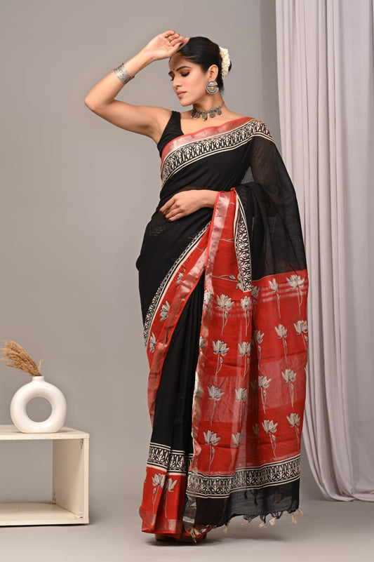 HAND BLOCK BLACK & WHITE PRINTED COTTON LINEN SAREE WITH BLOUSE (LCS125)