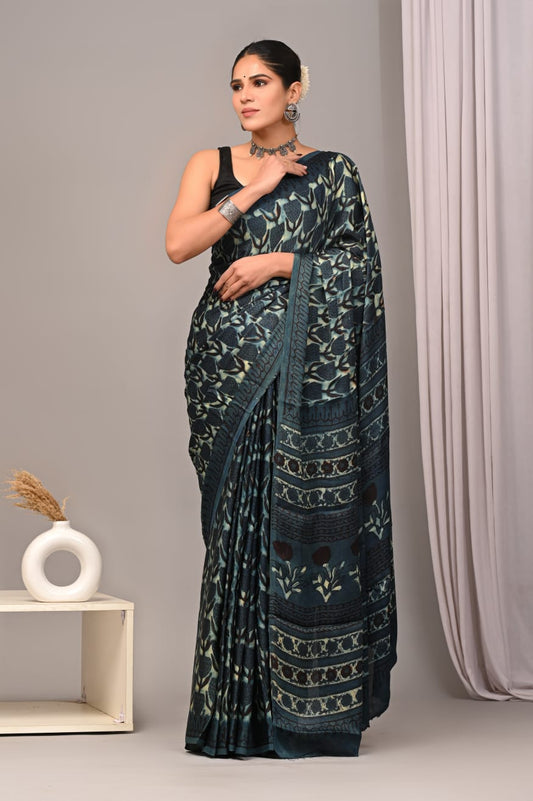 Ajrakh Hand Block Bagru Vanspati Printend Modal Silk Saree with Blouse (CID53)