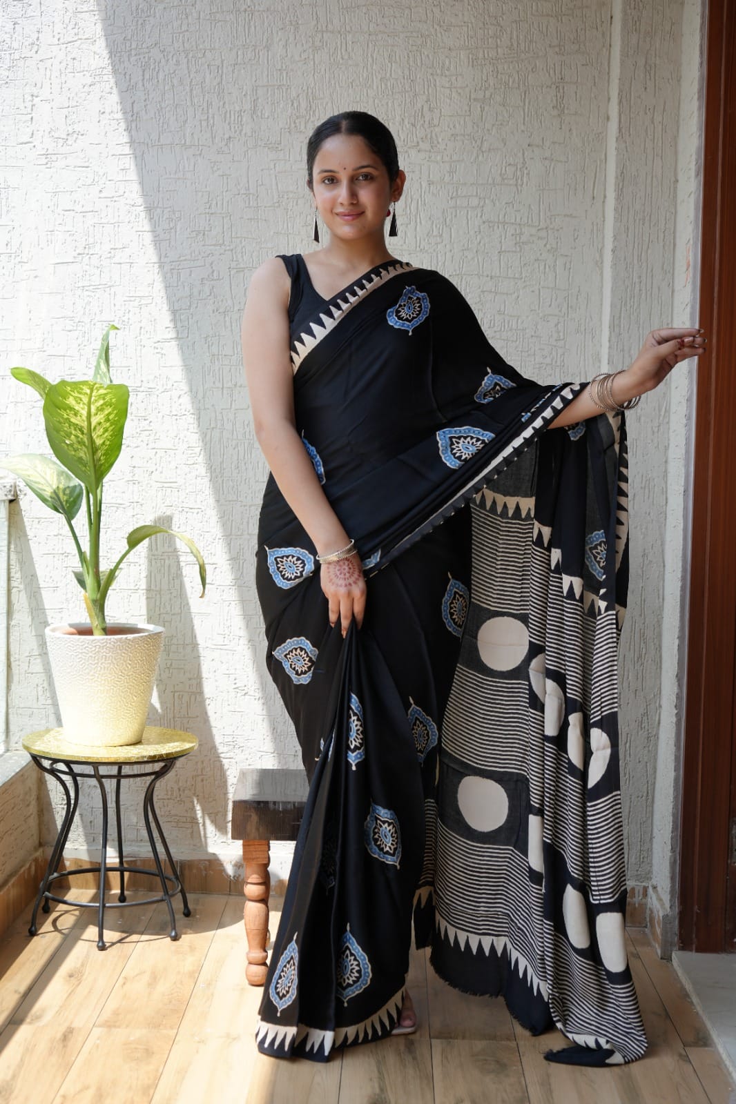 Ajrakh Hand Block Bagru Vanspati Printend Modal Silk Saree with Blouse (CID58)