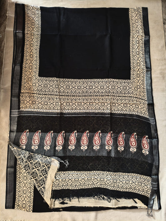 HAND BLOCK BLACK & WHITE PRINTED COTTON LINEN SAREE WITH BLOUSE (LCS119)