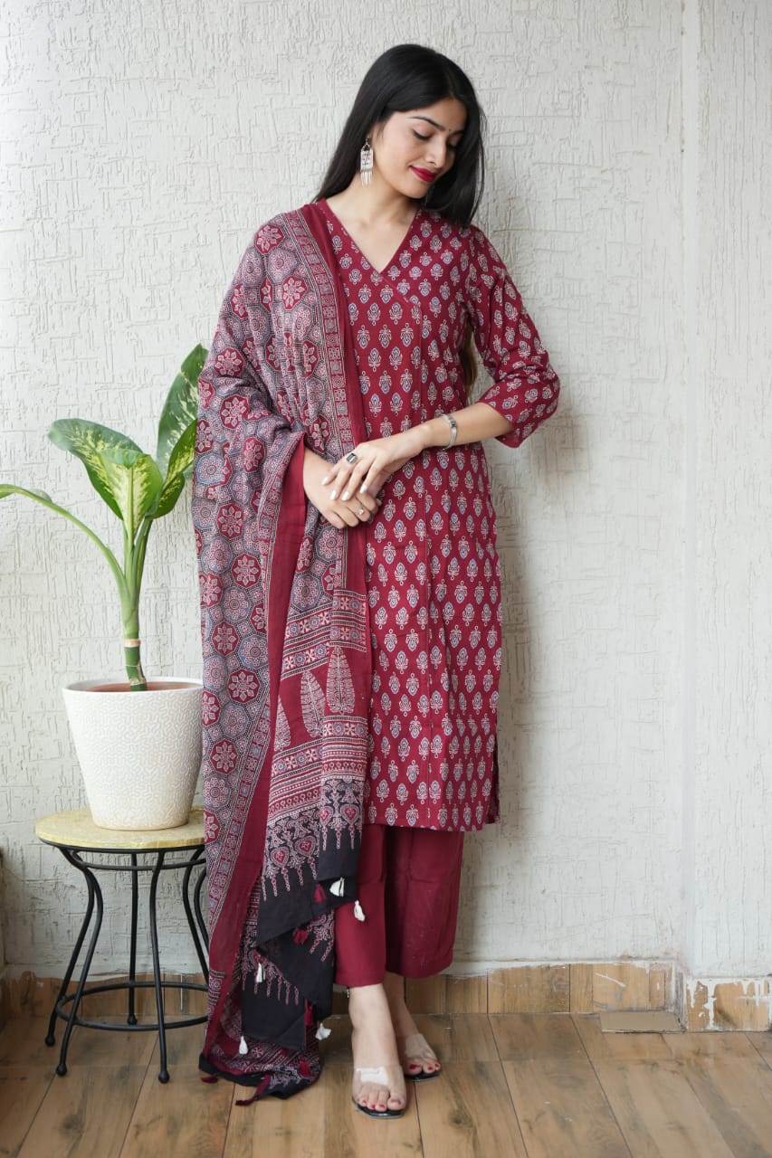 Ajrakh Printed "Stitched" Cotton Suits With Cotton Ajrakh Mulmul Dupatta (ASS10)
