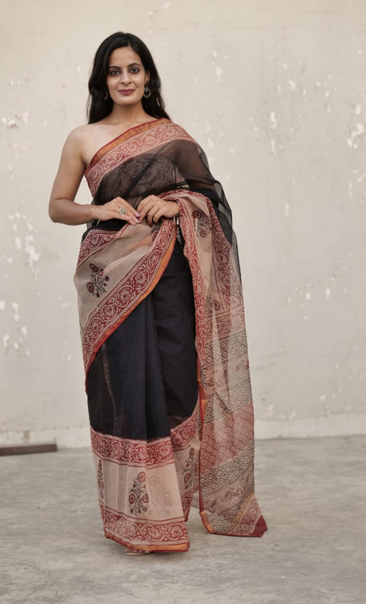 Bagru Hand Block Printed Chanderi Silk Saree with Blouse (CSS87)