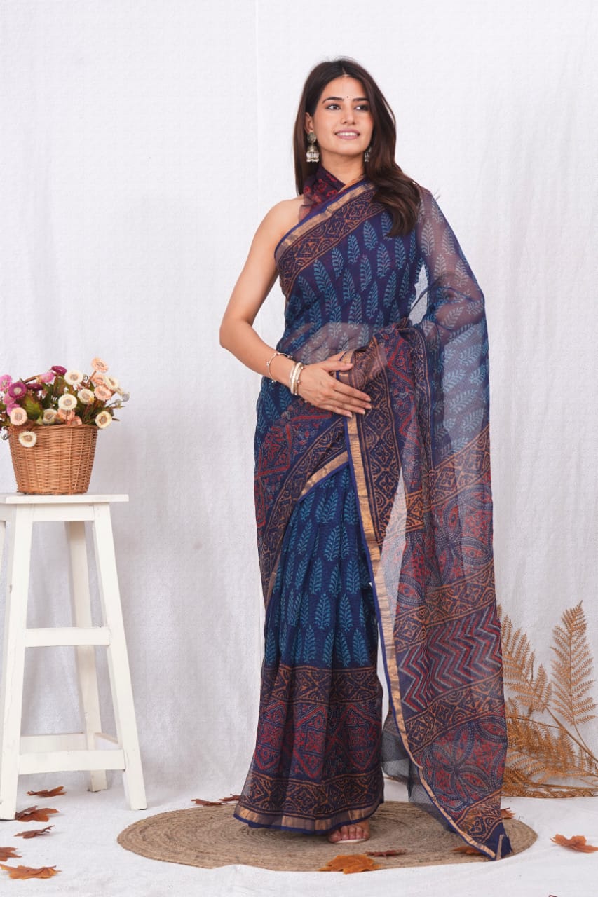 Jaipuri Block Printed Cotton Kota Doriya Saree (CIS65)