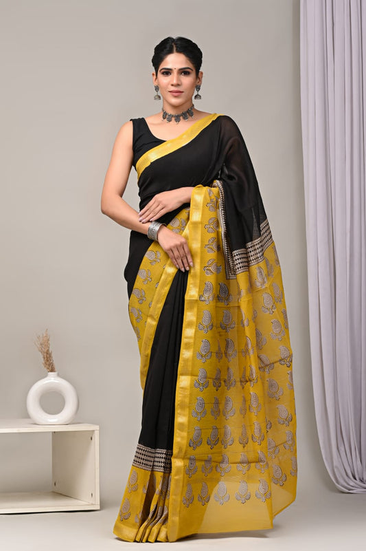 Jaipuri Hand Block Bagru Printed Maheshwari Silk Saree With Blouse (MSS89)