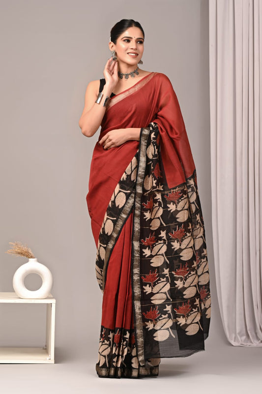 Jaipuri Hand Block Bagru Printed Maheshwari Silk Saree With Blouse (MSS53)
