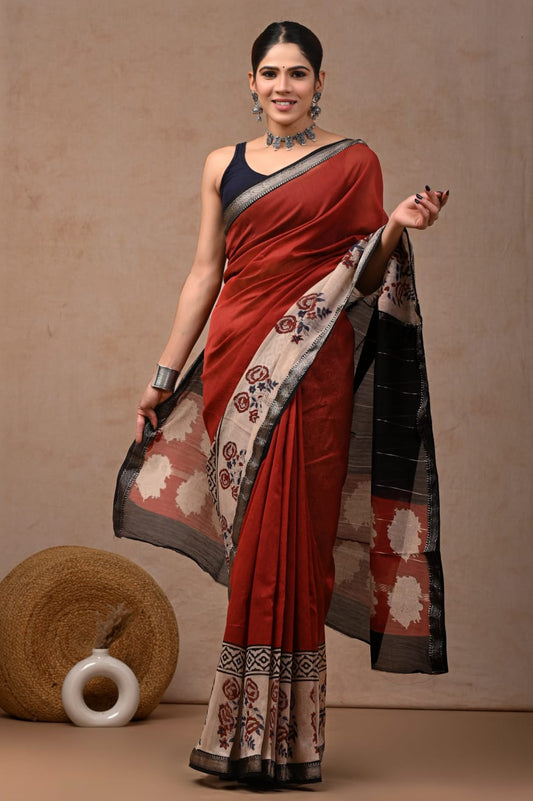 Jaipuri Hand Block Bagru Printed Maheshwari Silk Saree With Blouse (MSS125)