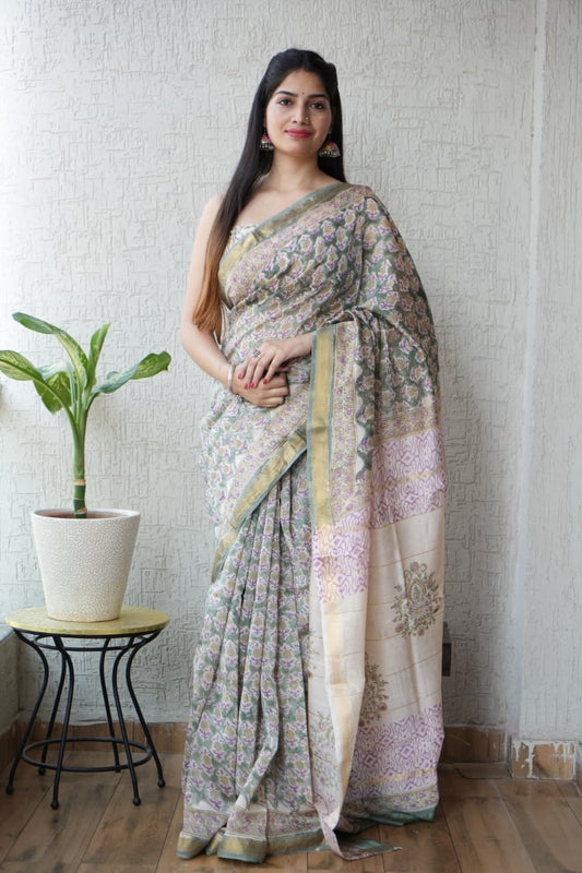 Jaipuri Hand Block Bagru Printed Maheshwari Silk Saree With Blouse (MSS127)
