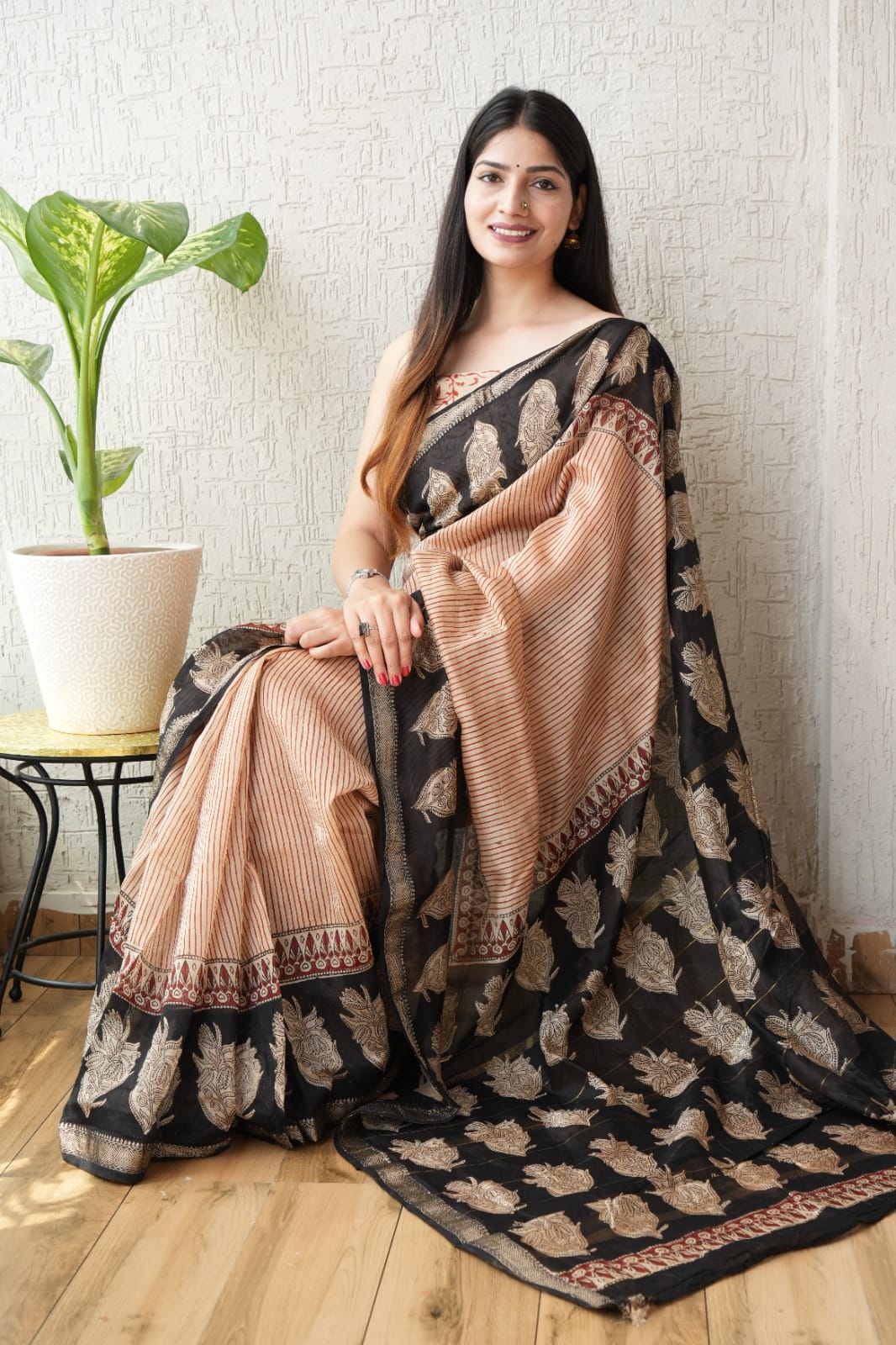Jaipuri Hand Block Bagru Printed Maheshwari Silk Saree With Blouse (MSS128)