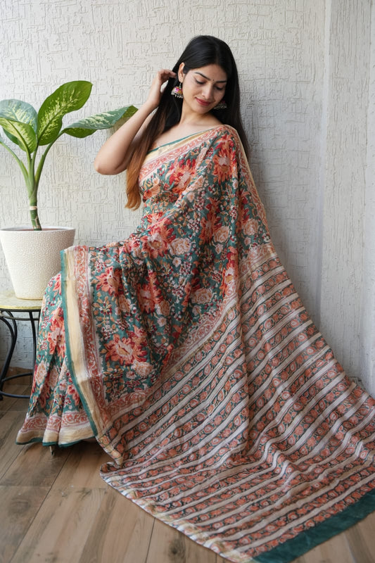 Jaipuri Hand Block Bagru Printed Maheshwari Silk Saree With Blouse (MSS129)