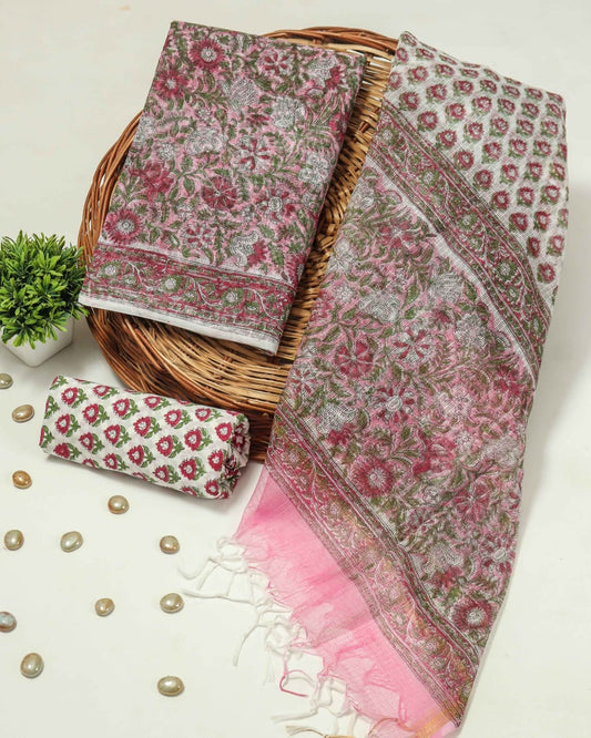 HAND BLOCK PRINTED KOTA DORIYA SUIT WITH KOTA DORIYA DUPPATA (FKS64)