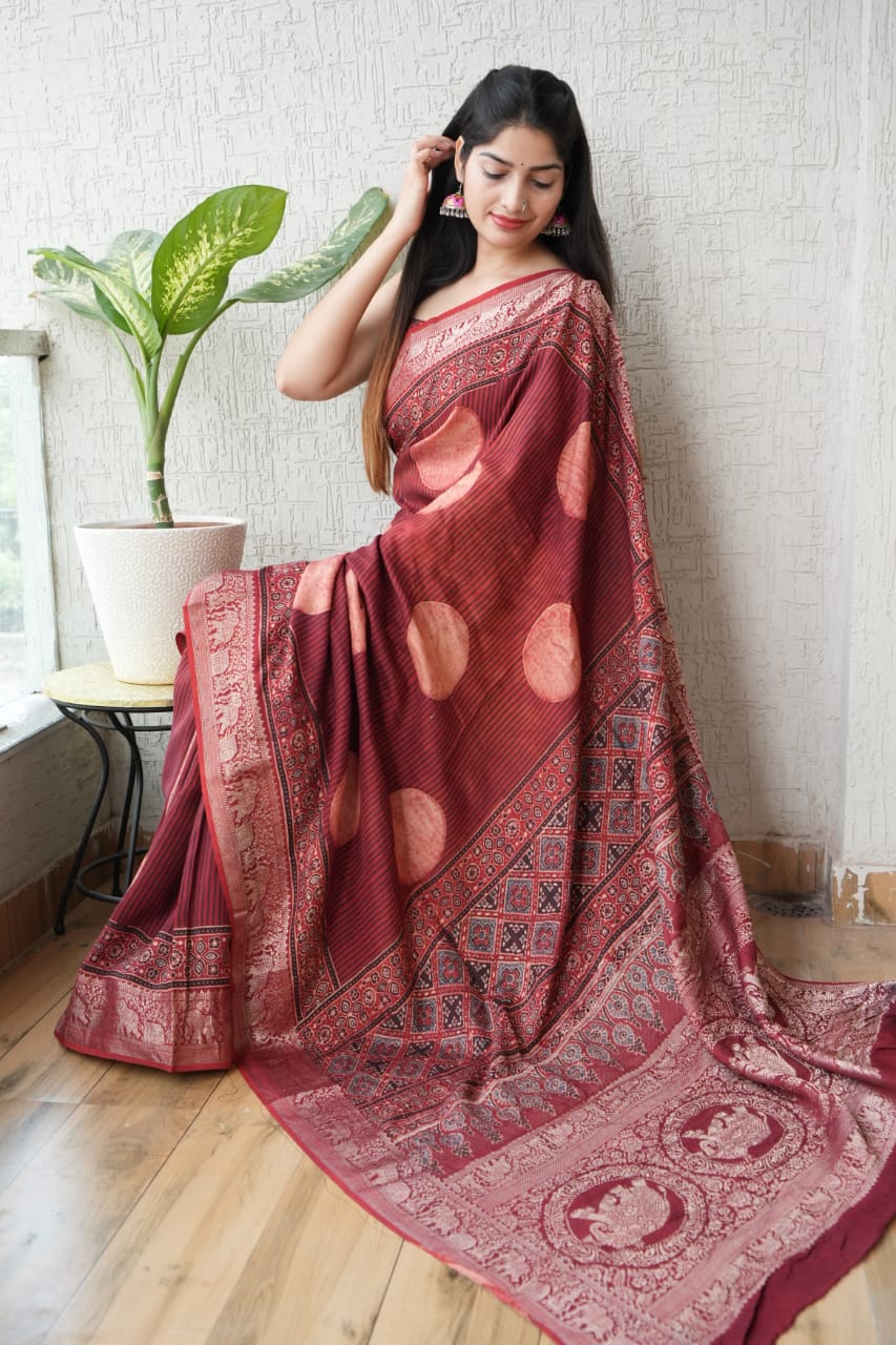 AJRAKH PRINTED PURE DOLA SILK SAREE WITH BLOUSE (MS28)
