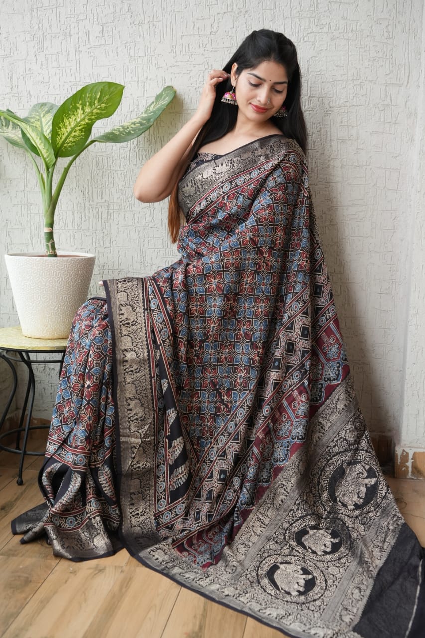 AJRAKH PRINTED PURE DOLA SILK SAREE WITH BLOUSE (MS29)