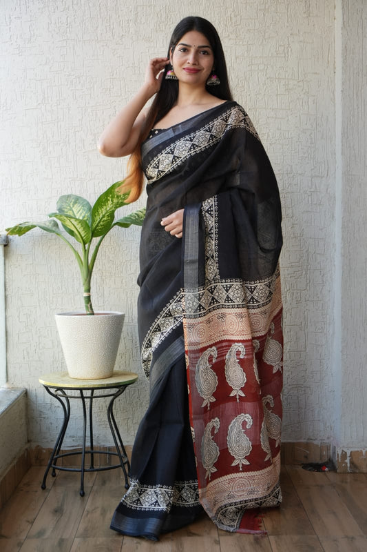 HAND BLOCK BLACK & WHITE PRINTED COTTON LINEN SAREE WITH BLOUSE (LCS120)