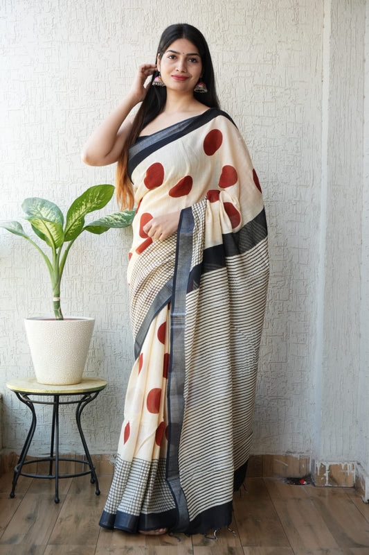 HAND BLOCK BLACK & WHITE PRINTED COTTON LINEN SAREE WITH BLOUSE (LCS116)