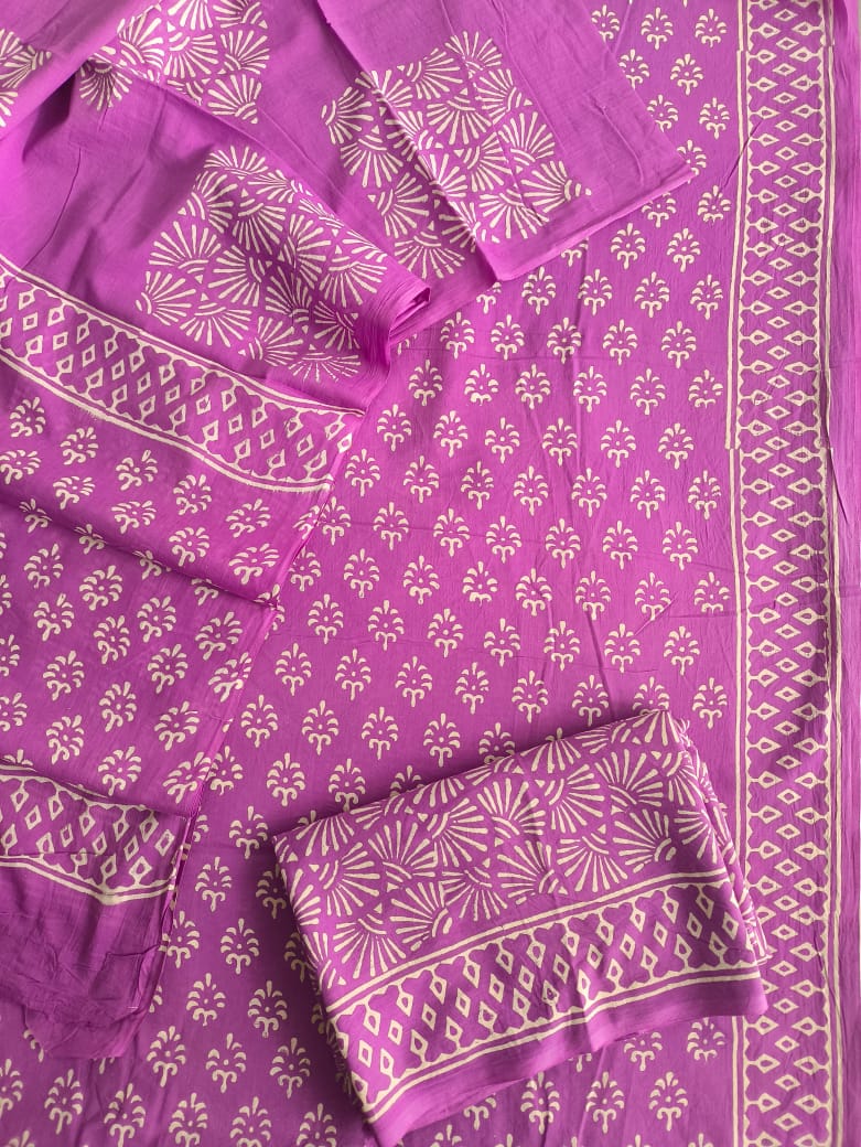 HAND BLOCK PRINTED COTTON 3-PIS SUIT WITH MULMUL DUPPATA (CMS19)