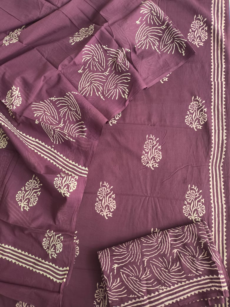 HAND BLOCK PRINTED COTTON 3-PIS SUIT WITH MULMUL DUPPATA (CMS21)