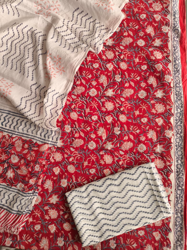 HAND BLOCK PRINTED COTTON 3-PIS SUIT WITH MULMUL DUPPATA (CMS22)