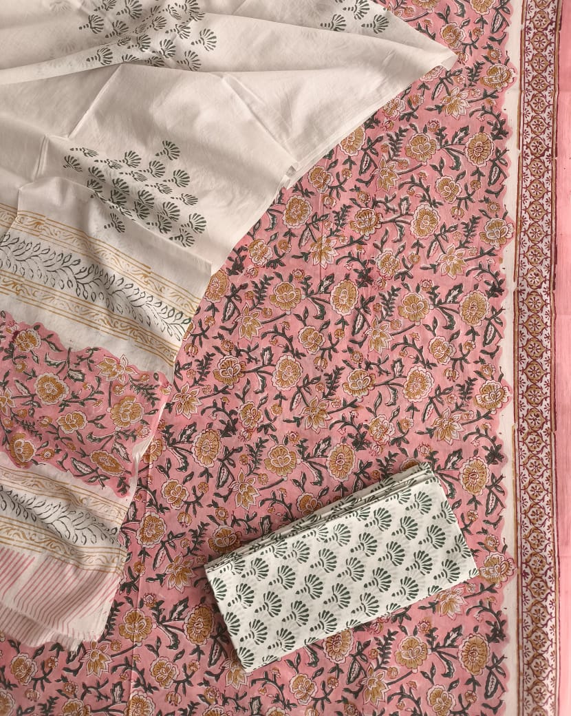 HAND BLOCK PRINTED COTTON 3-PIS SUIT WITH MULMUL DUPPATA (CMS24)