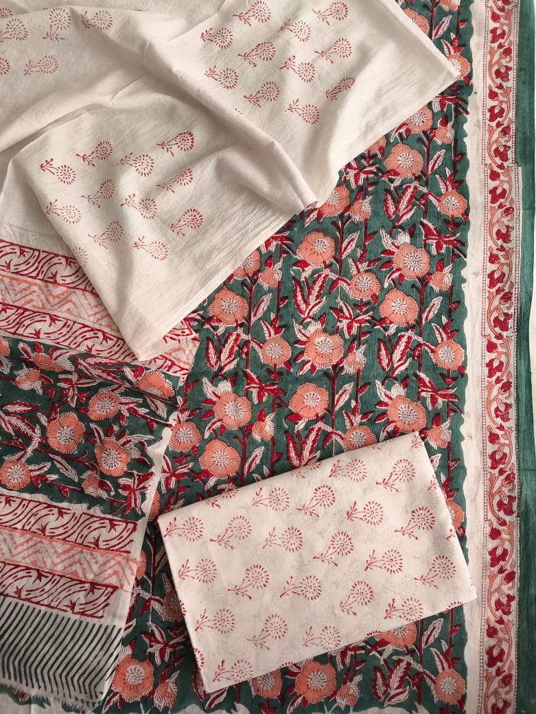 HAND BLOCK PRINTED COTTON 3-PIS SUIT WITH MULMUL DUPPATA (CMS26)