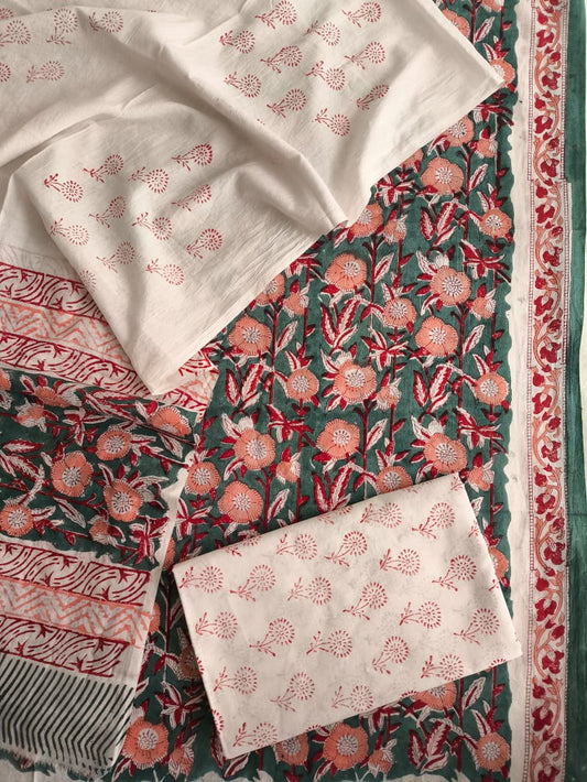 HAND BLOCK PRINTED COTTON 3-PIS SUIT WITH MULMUL DUPPATA (CMS26)