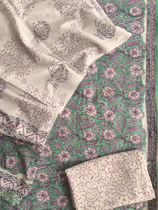 HAND BLOCK PRINTED COTTON 3-PIS SUIT WITH MULMUL DUPPATA (CMS27)