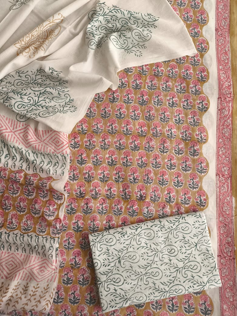 HAND BLOCK PRINTED COTTON 3-PIS SUIT WITH MULMUL DUPPATA (CMS31)