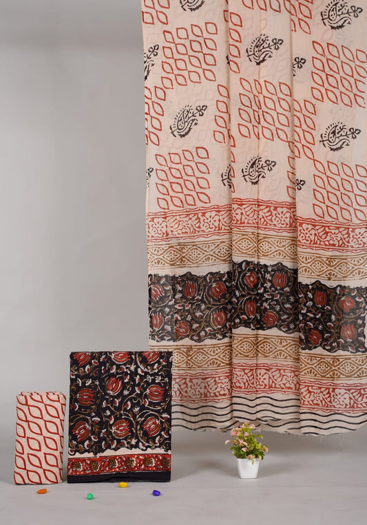 HAND BLOCK PRINTED COTTON 3-PIS SUIT WITH MULMUL DUPPATA (CMS33)