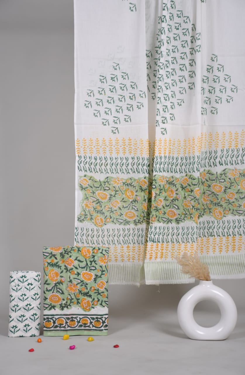 HAND BLOCK PRINTED COTTON 3-PIS SUIT WITH MULMUL DUPPATA (CMS34)