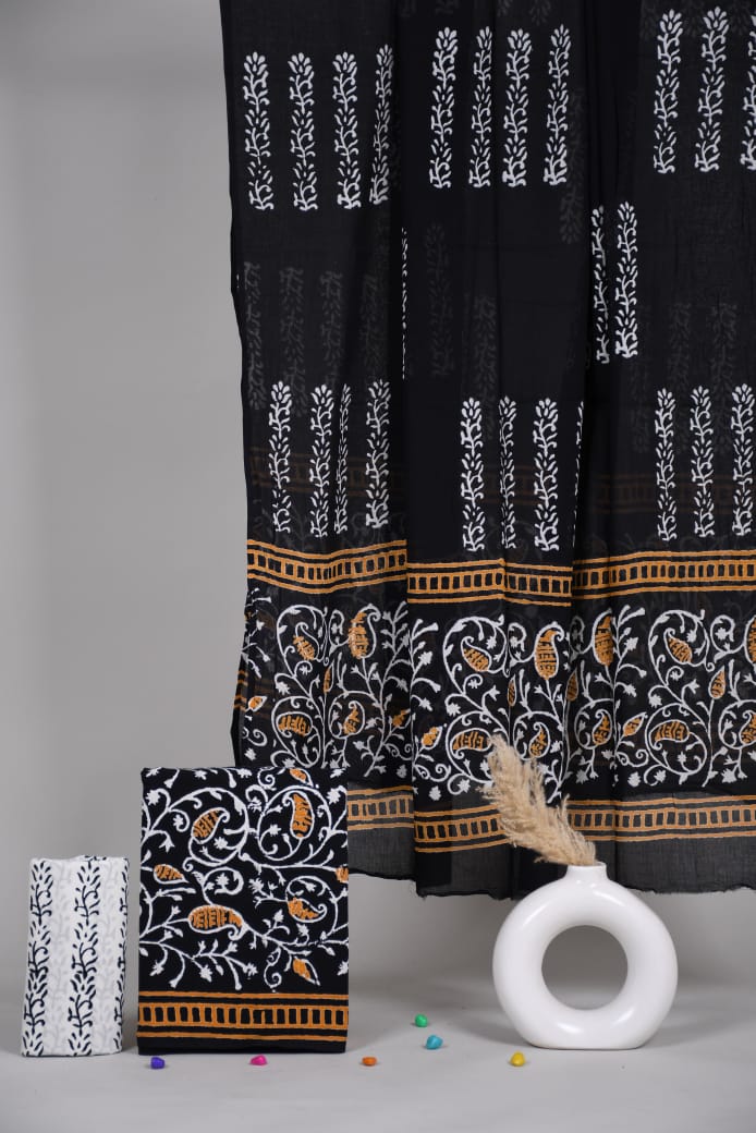 HAND BLOCK PRINTED COTTON 3-PIS SUIT WITH MULMUL DUPPATA (CMS35)