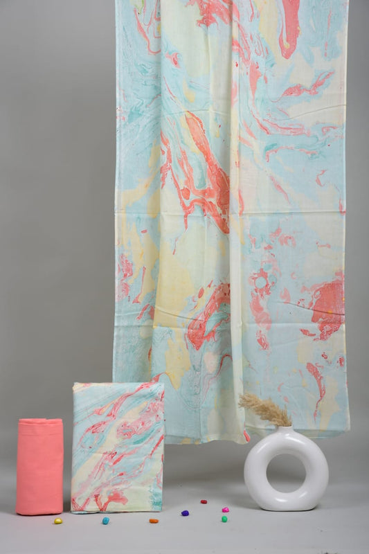 HAND BLOCK PRINTED COTTON 3-PIS SUIT WITH MULMUL DUPPATA (CMS36)