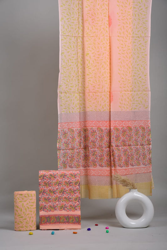 HAND BLOCK PRINTED COTTON 3-PIS SUIT WITH MULMUL DUPPATA (CMS37)