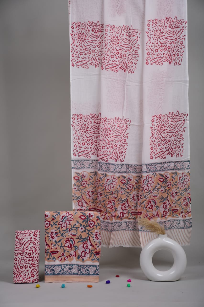 HAND BLOCK PRINTED COTTON 3-PIS SUIT WITH MULMUL DUPPATA (CMS38)