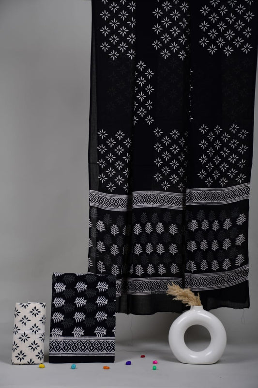 HAND BLOCK PRINTED COTTON 3-PIS SUIT WITH MULMUL DUPPATA (CMS42)