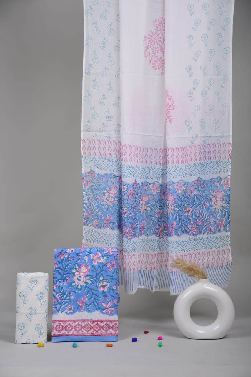HAND BLOCK PRINTED COTTON 3-PIS SUIT WITH MULMUL DUPPATA (CMS46)
