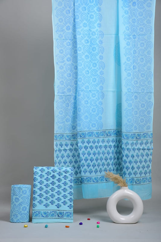 HAND BLOCK PRINTED COTTON 3-PIS SUIT WITH MULMUL DUPPATA (CMS49)