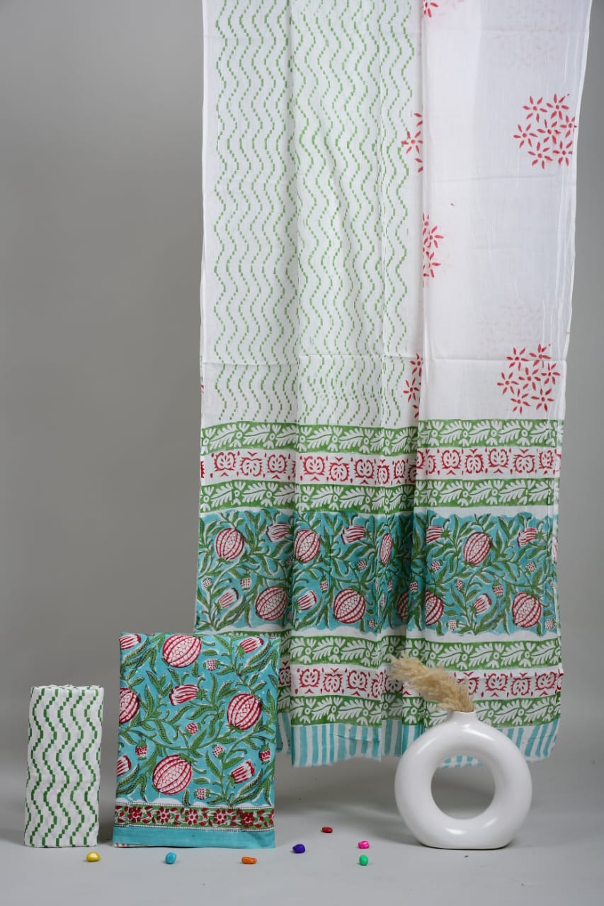 HAND BLOCK PRINTED COTTON 3-PIS SUIT WITH MULMUL DUPPATA (CMS52)