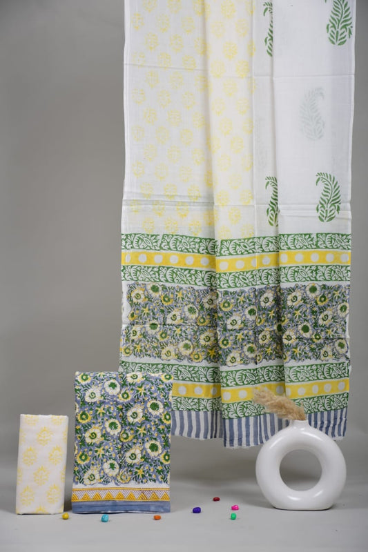 HAND BLOCK PRINTED COTTON 3-PIS SUIT WITH MULMUL DUPPATA (CMS54)