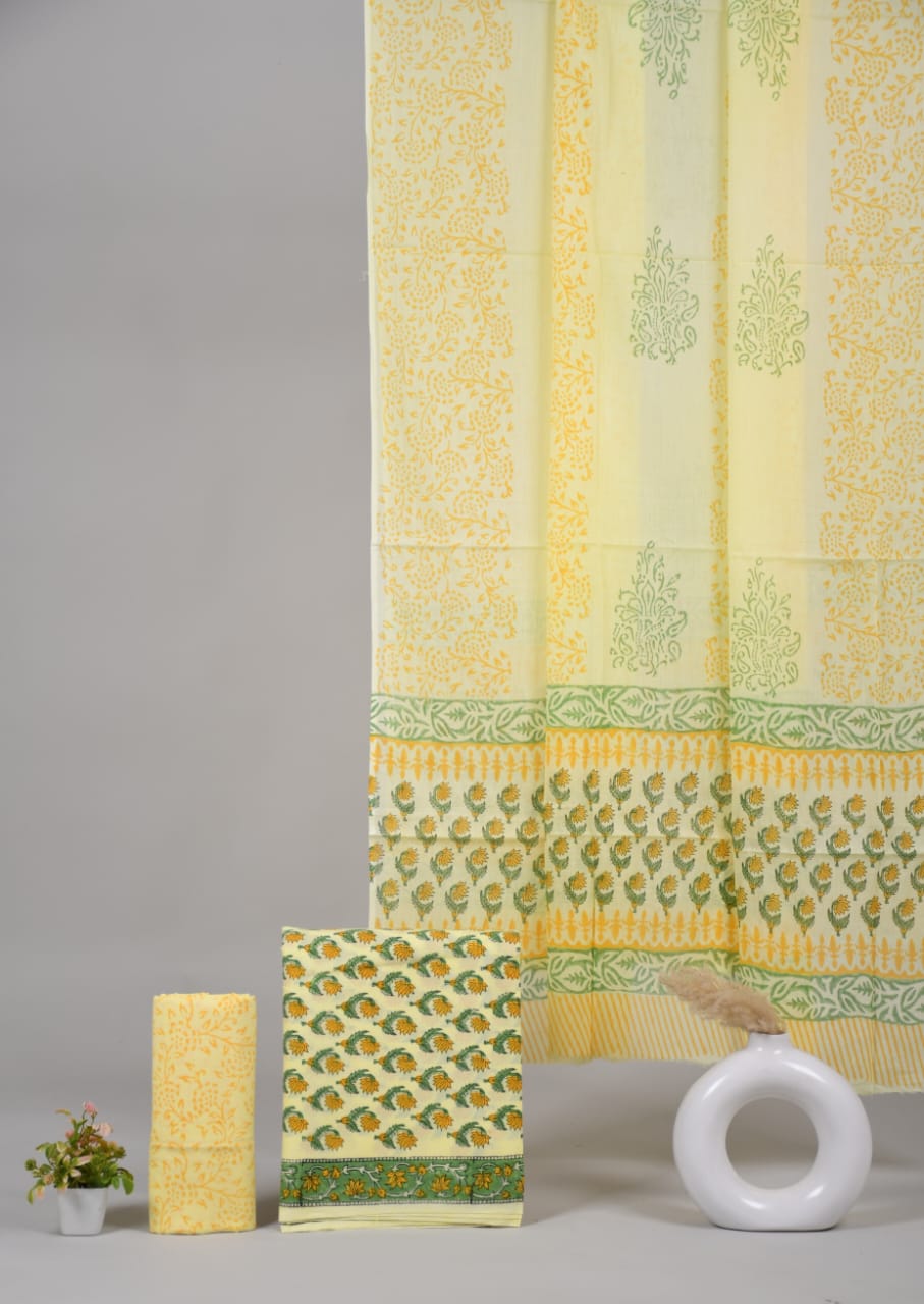 HAND BLOCK PRINTED COTTON 3-PIS SUIT WITH MULMUL DUPPATA (CMS55)