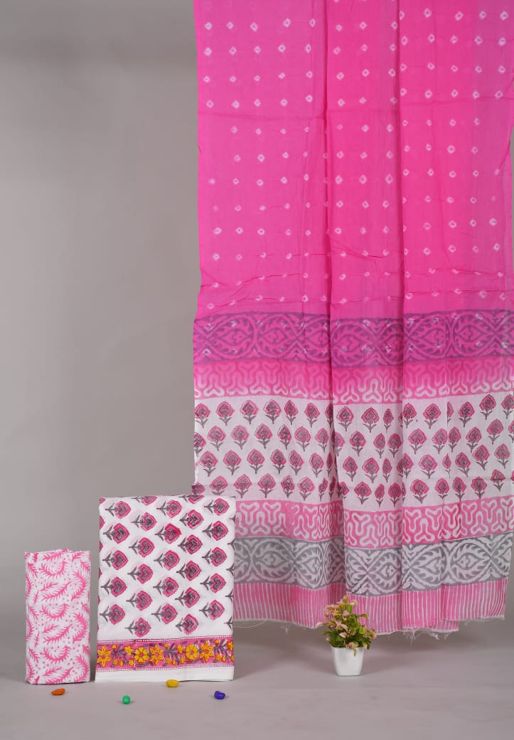 HAND BLOCK PRINTED COTTON 3-PIS SUIT WITH MULMUL DUPPATA (CMS57)