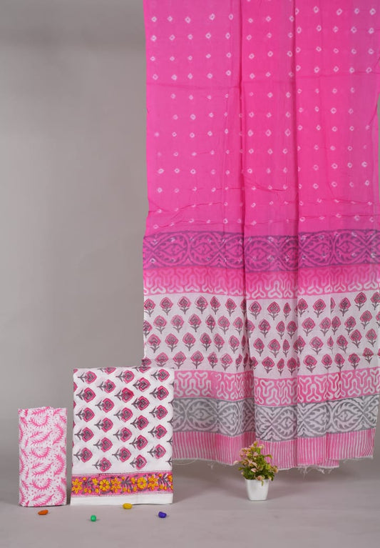 HAND BLOCK PRINTED COTTON 3-PIS SUIT WITH MULMUL DUPPATA (CMS57)