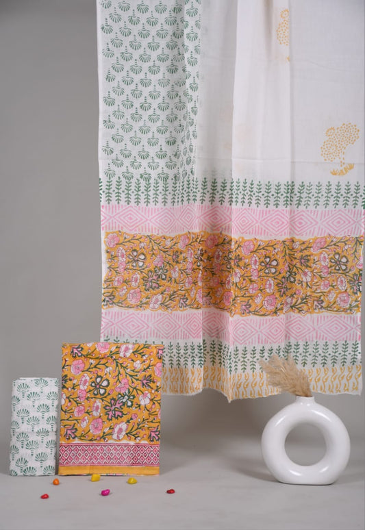 HAND BLOCK PRINTED COTTON 3-PIS SUIT WITH MULMUL DUPPATA (CMS61)