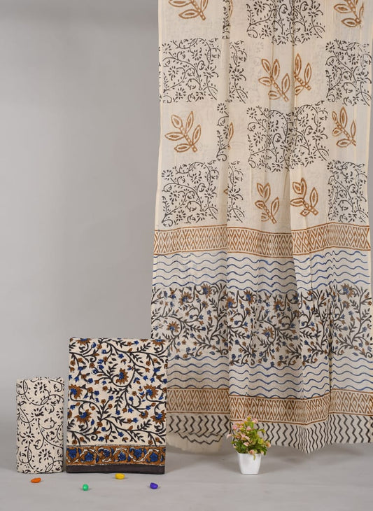 HAND BLOCK PRINTED COTTON 3-PIS SUIT WITH MULMUL DUPPATA (CMS62)