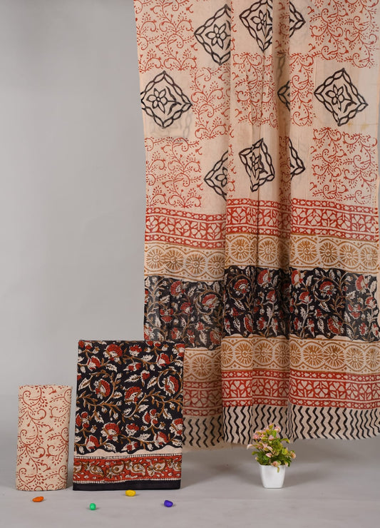 HAND BLOCK PRINTED COTTON 3-PIS SUIT WITH MULMUL DUPPATA (CMS64)