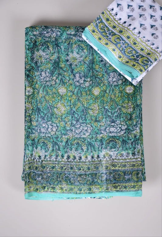 HAND BLOCK BAGRU PRINTED KOTA DORIYA SAREE WITH MULMUL BLOUSE (KDS83)